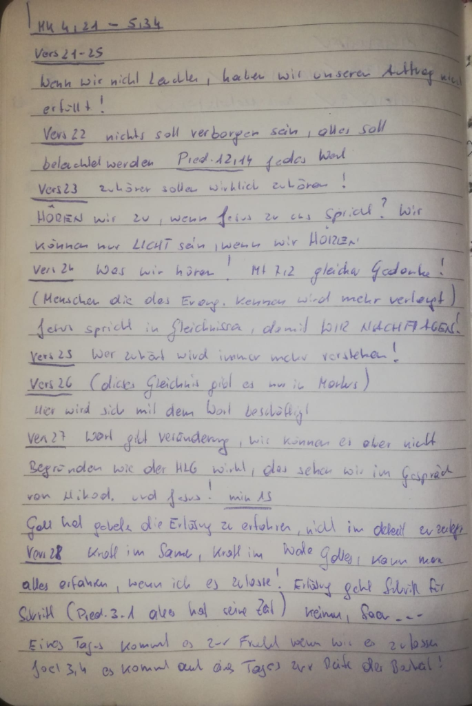 Markus 4,21-5,34 – handschriftliche Mitschrift