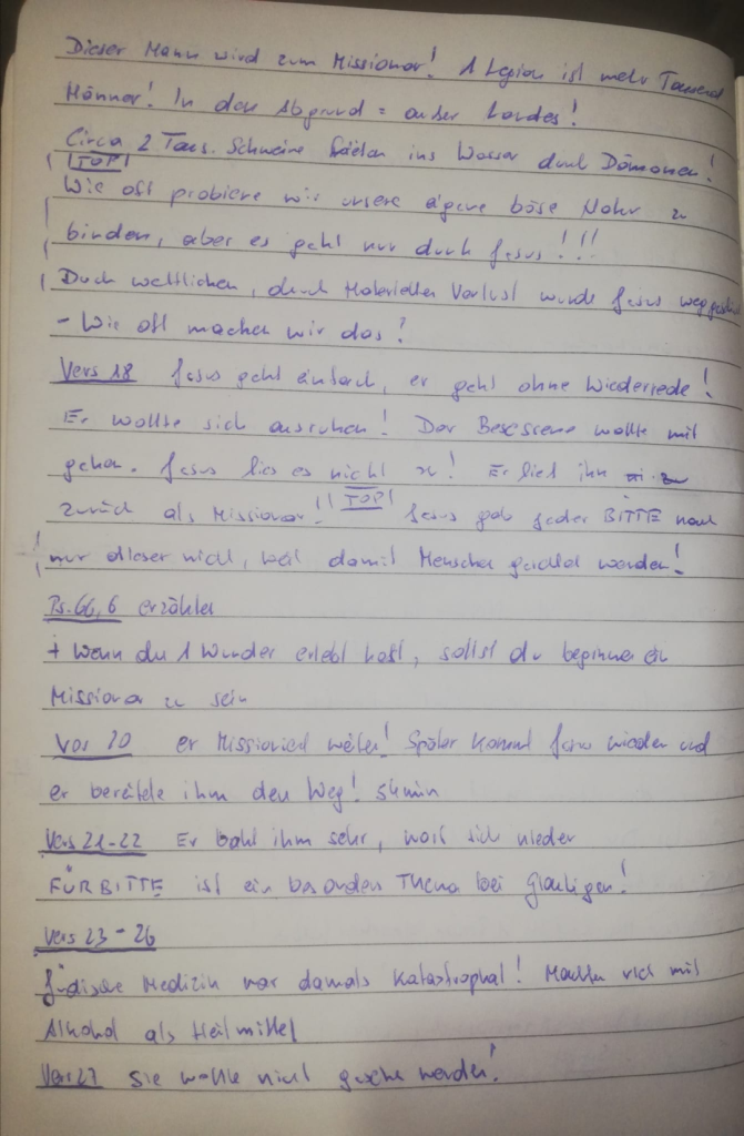 Markus 4,21-5,34 – handschriftliche Mitschrift