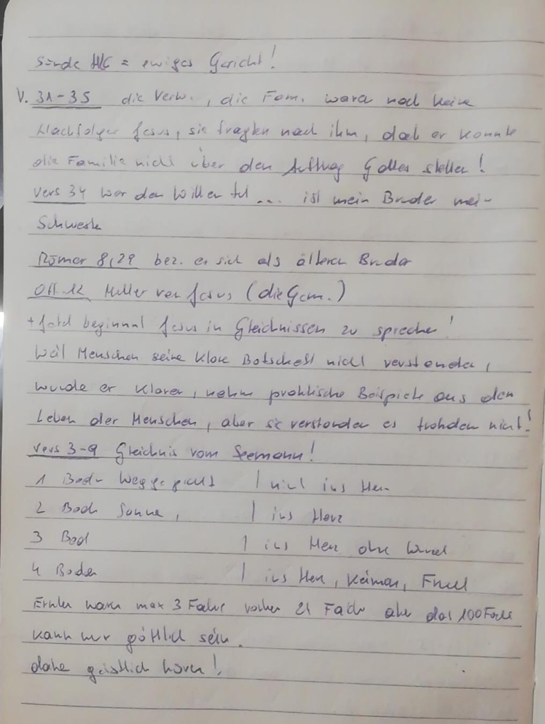 Markus 3 – handschriftliche Mitschrift