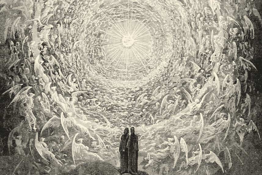 Die große Schar im Himmel um das Licht Gottes – Stich von Gustave Doré (Offenbarung 19,1)