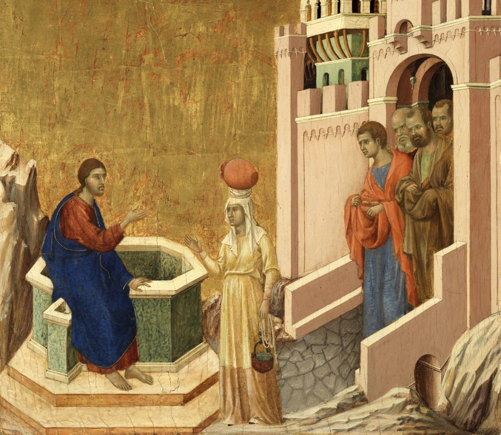 Jesus sitzt am Brunnen und spricht mit der Frau aus Samarien (Duccio, um 1310) – Offenbarung 21,6