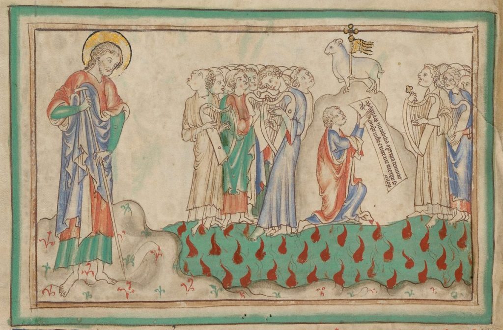 Die Überwinder stehen mit Harfen am gläsernen Meer, mit Feuer gemengt (Buchmalerei um 1255–1260) – Offenbarung 21,7
